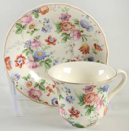 DORSET (CHEERY CHINTZ, GOLD TRIM) Flat Demitasse Cup & Saucer Set
