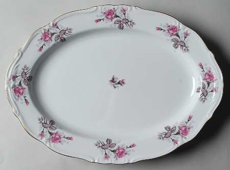 Gray Moss Rose (Scalloped) 14" Oval Serving Platter