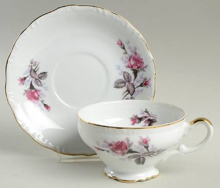 Gray Moss Rose (Scalloped) Footed Cup & Saucer Set