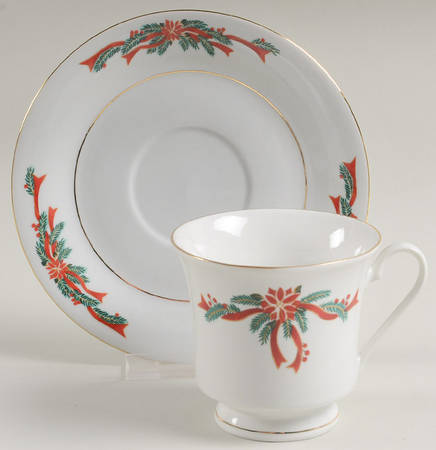 Poinsettia & Ribbon Footed Cup & Saucer Set