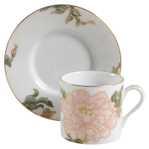 Cloisonne Peony White Flat Demitasse Cup & Saucer Set