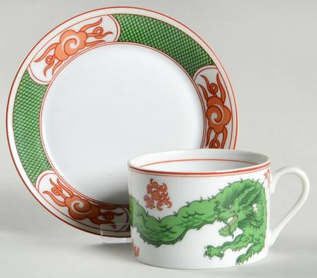 Dragon Crest Green Flat Cup & Saucer Set by Fitz and Floyd