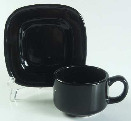 Quadrille Black (Earthenware) Flat Cup & Saucer Set by Fitz and Floyd
