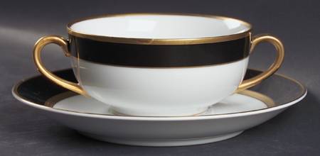 Renaissance Black On White Flat Cream Soup Bowl & Saucer Set