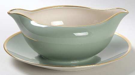Avalon Sage Green (Gold Trim) Gravy Boat with Attached Underplate