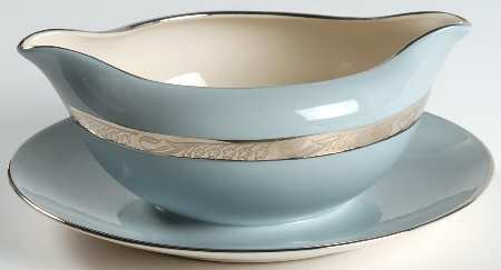 Bridal Wreath Strata Blue (Rim) Gravy Boat with Attached Underplate