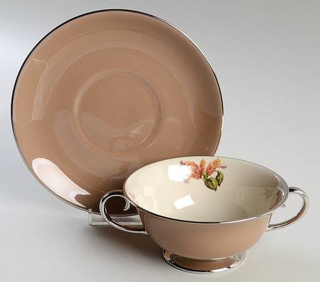 Cambria Cocoa (Platinum Trim) Footed Cream Soup Bowl & Saucer Set by Flintridge