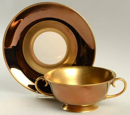 Copper & Gold Footed Cream Soup Bowl & Saucer Set