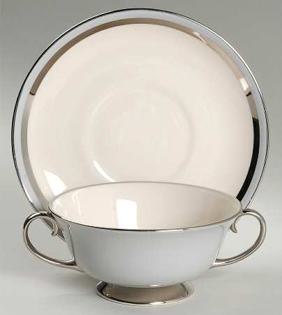 Contessa Gray (Platinum Trim, Coupe) Footed Cream Soup Bowl & Saucer Set
