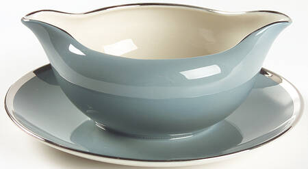 Contessa Peacock Blue (Platinum Trim, Coupe) Gravy Boat with Attached Underplate