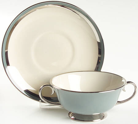 Contessa Peacock Blue (Platinum Trim, Coupe) Footed Cream Soup Bowl & Saucer Set