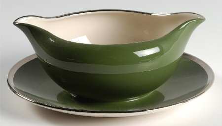 Contessa Spanish Green (Platinum Trim, Rim) Gravy Boat with Attached Underplate
