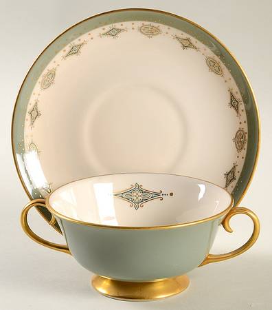 Empress Sage Green Band (Gold Trim, Coupe) Footed Cream Soup Bowl & Saucer Set