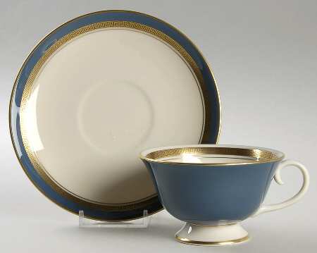 Grecian Key Mystic (Gold Trim, Rim) Footed Cup & Saucer Set