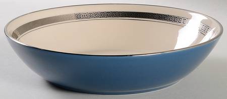 Grecian Key Peacock Blue (Platinum Trim, Coupe) 8" Round Vegetable Bowl