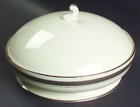 Grecian Key No Color Band (Platinum Trim, Rim) Round Covered Vegetable