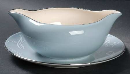 Snow Tulip Strata Blue (Rim & Coupe) Gravy Boat with Attached Underplate