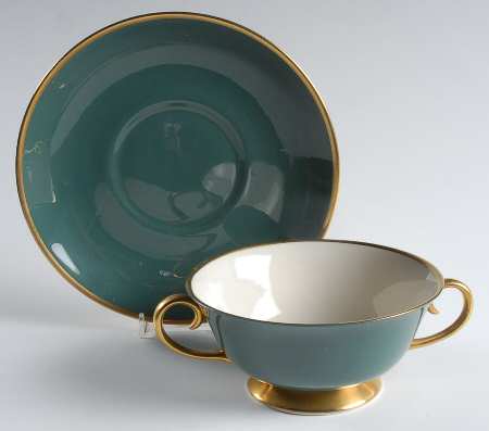 Sylvan-California Teal Green (Rim) Footed Cream Soup Bowl & Saucer Set
