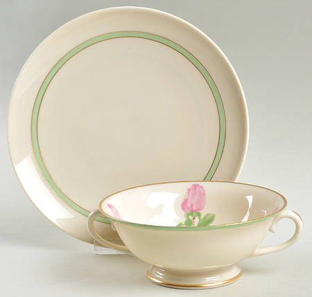 Cherokee Rose Green Band Footed Cream Soup Bowl & Saucer Set
