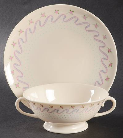 Crinoline (Pink & Blue) Footed Cream Soup Bowl & Saucer Set