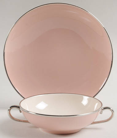 Magnolia (Platinum Trim) Flat Cream Soup Bowl & Dessert Plate/Saucer Set