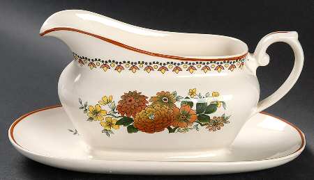 Mandalay (Rust & Yellow Floral) Gravy Boat with Attached Underplate