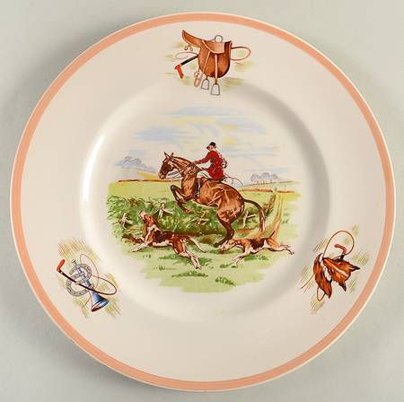 English Hunting Scenes (Salmon Pink Edge) Dinner Plate