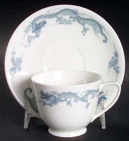 Dragon Blue and Gray Footed Cup & Saucer Set