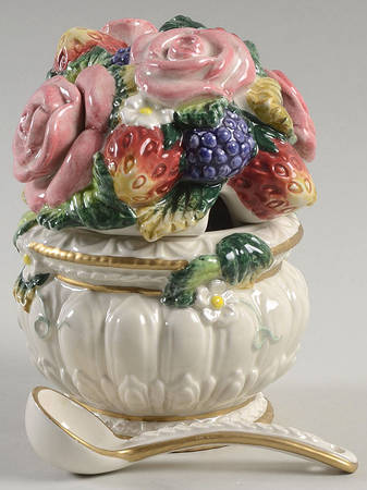 Strawberries & Roses Sugar Bowl & Lid W/Spoon