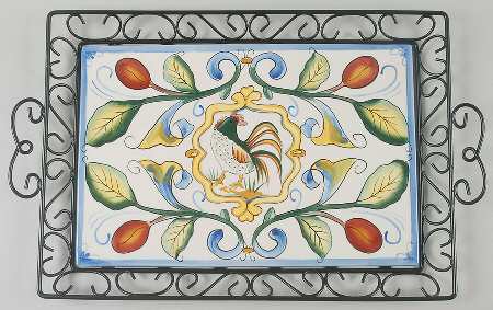 Ricamo Accessories Rectangular Serving Handled Metal Tray with Tile
