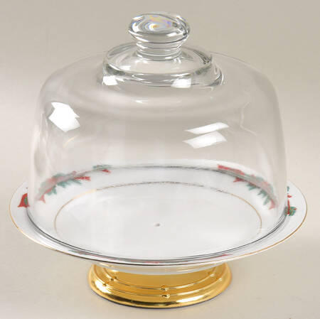 Poinsettia & Ribbons 6 1/2"-7 1/2" Footed Cheese Plate w/ Glass Dome HC