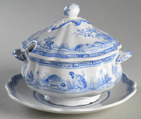 Quail Blue (Blue Ship Backstamp) Gravy Boat & Lid w/Underplate