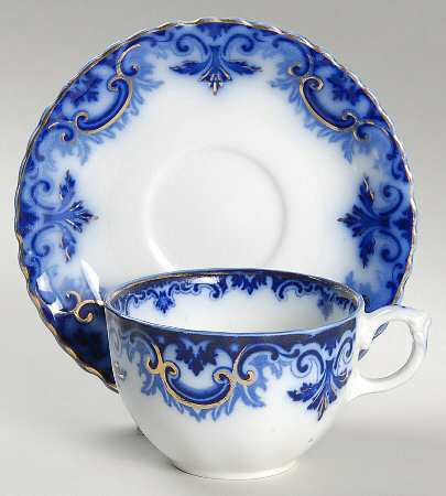 Clifton (Flow Blue, Gold Trim) Flat Cup & Saucer Set