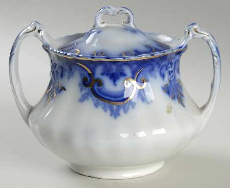Clifton (Flow Blue, Gold Trim) Sugar Bowl & Lid