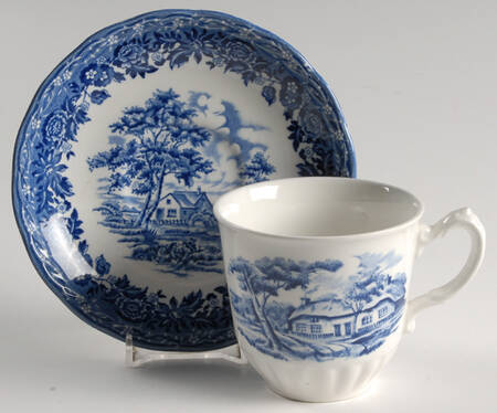 Country Style Blue Flat Cup & Saucer Set
