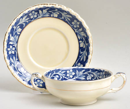 Elysian (Cream & Blue) Footed Cream Soup Bowl & Saucer Set