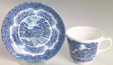 English Country Inns Blue Flat Cup & Saucer Set