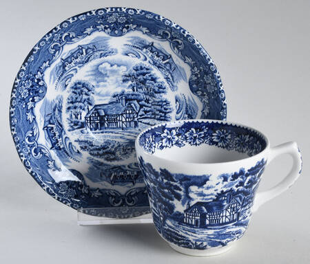 English Country Inns Blue Flat Cup & Saucer Set