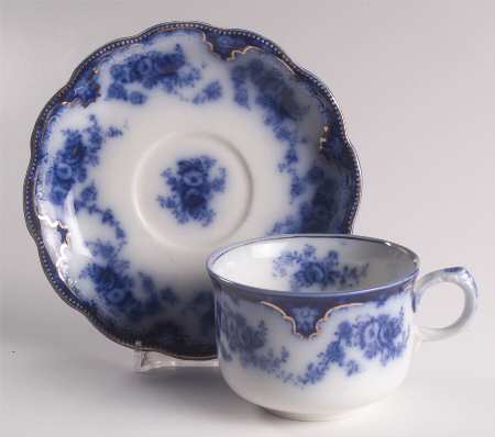 Florida (Flow Blue, Gold Trim) Flat Cup & Saucer Set