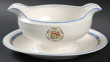 Milan (Blue Trim) Gravy Boat with Attached Underplate