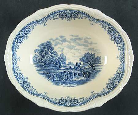 Scenes After Constable Blue (Vine Edge, Cream) 8" Oval Vegetable Bowl