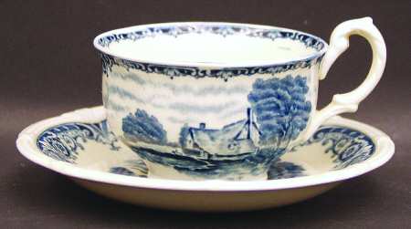 Scenes After Constable Blue (Vine Edge, Cream) Flat Cup & Saucer Set