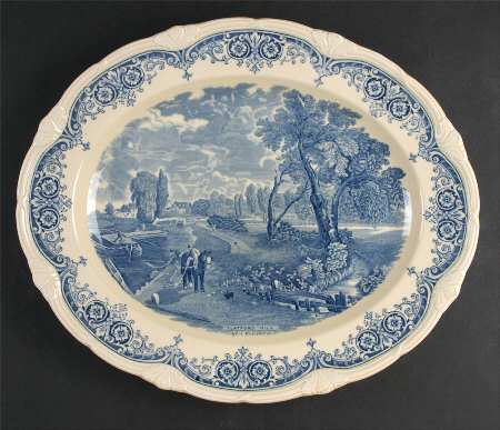 Scenes After Constable Blue (Vine Edge, Cream) 16" Oval Serving Platter