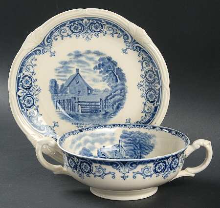 Scenes After Constable Blue (Vine Edge, Cream) Footed Cream Soup Bowl & Saucer Set