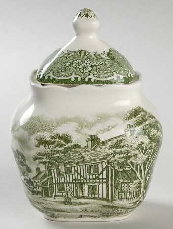 English Country Inns Green Sugar Bowl & Lid