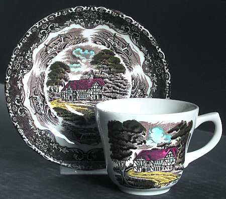 English Country Inns Brown Multicolor Flat Cup & Saucer Set