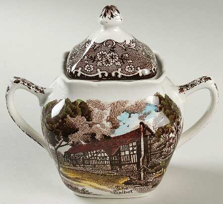 English Country Inns Brown Multicolor Sugar Bowl & Lid