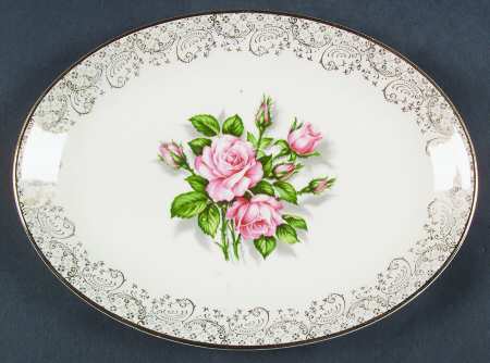 Tudor Rose (Pink Rose Center) 9" Oval Serving Platter