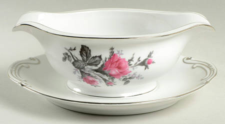 New Moss Rose (Platinum Trim) Gravy Boat with Attached Underplate