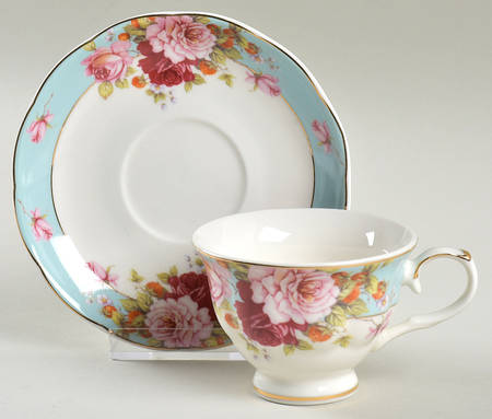 Peony and Strawberry Blue Footed Demitasse Cup & Saucer Set